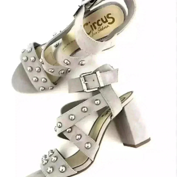 SAM‎ Edelman Circus Sandal Womens 7.5 Grey Leather Buckle Block Heel Studs - Picture 2 of 8